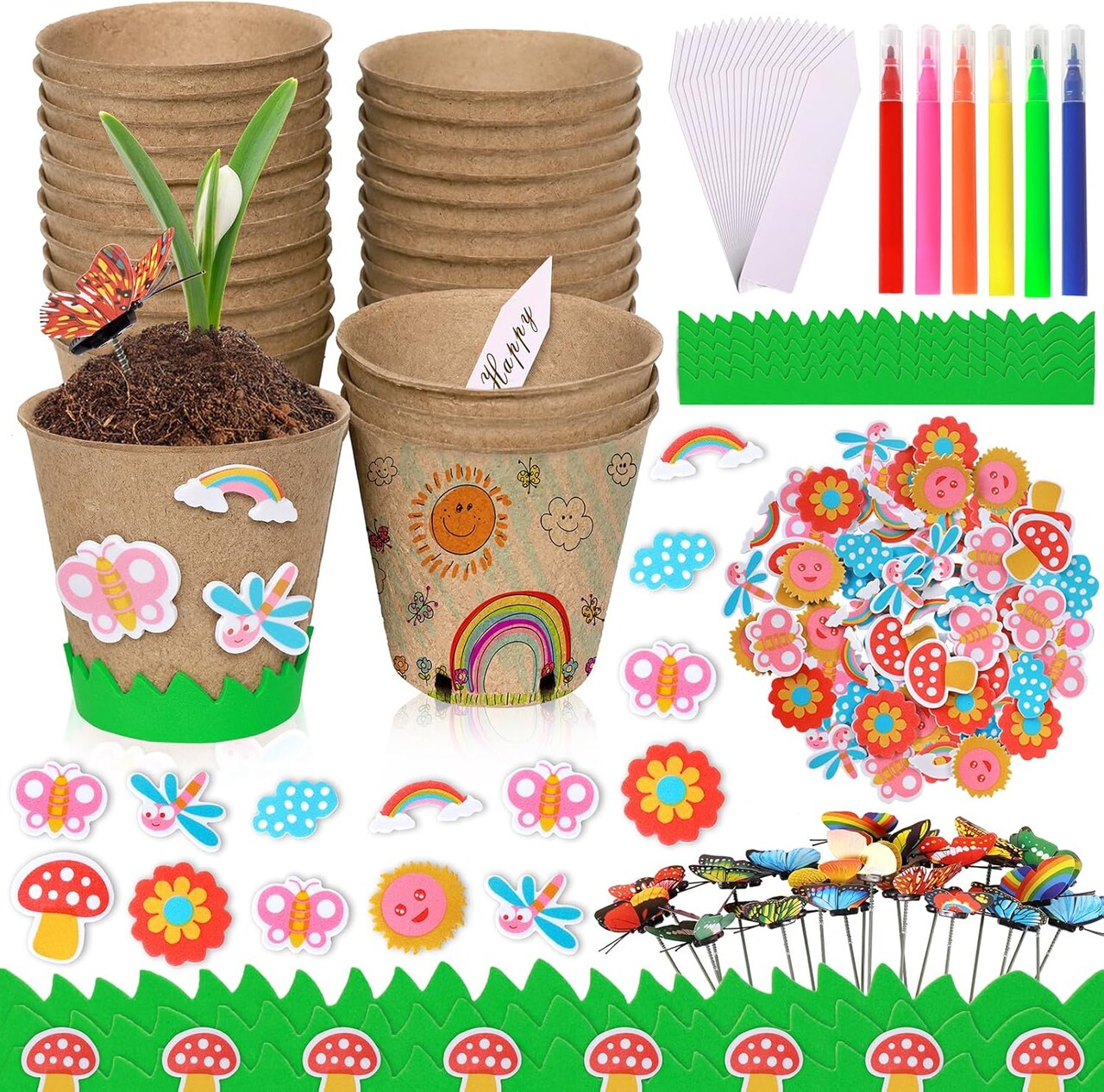 Garden Paper Pot Craft Kit 20 Pack Flower Plant Spring Craft with 50pcs Adhesive Foam Stickers 20pcs Paper Mache Pots Label Pen Flower Planting Growing Kit Science for Kids